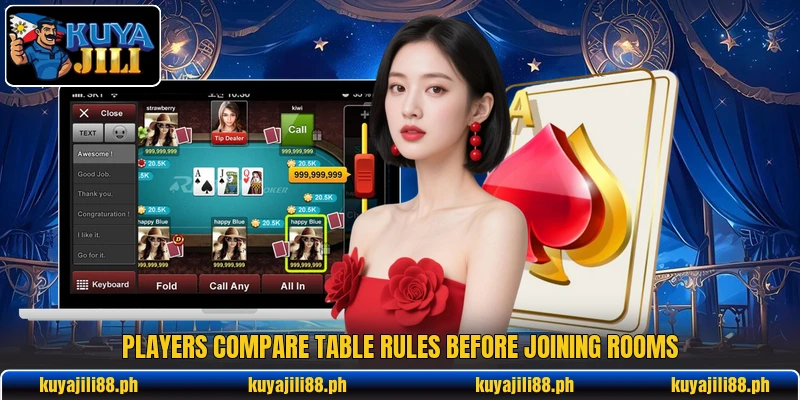 Players compare table rules before joining rooms Players compare table rules before joining rooms